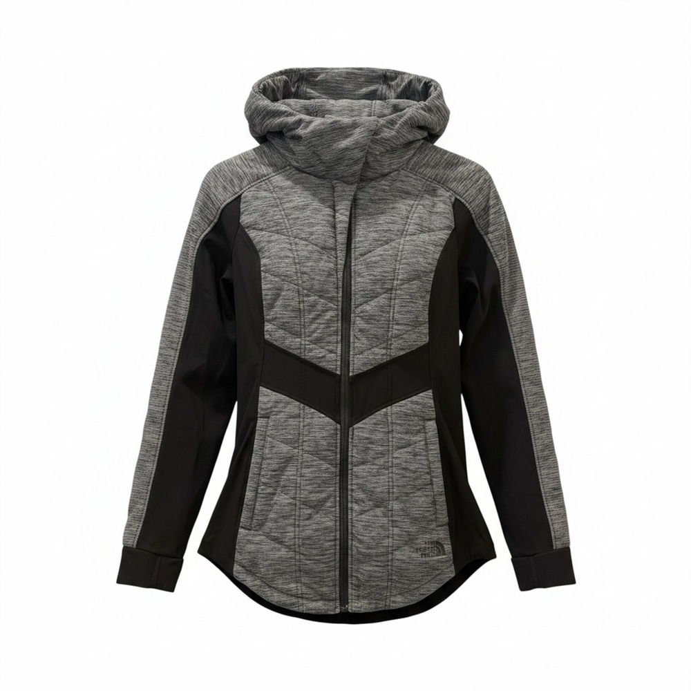 The North Face Womens Medium Gray Quilted Hybrid Softshell Fleece Hooded Jacket